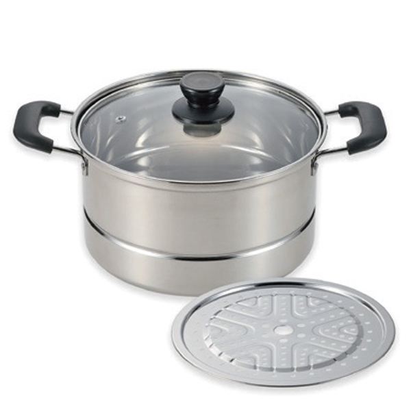 蒸し処　ステンレス製ガラスフタ付深型兼用鍋22cm（目皿付）　